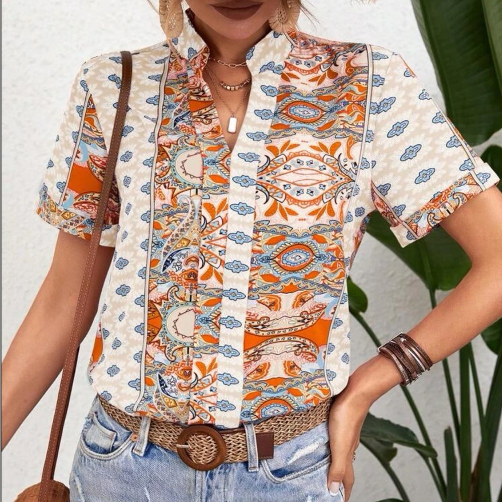 Boho Floral Paisley Print Top Blouse Shirt Green - Picture 9 of 16